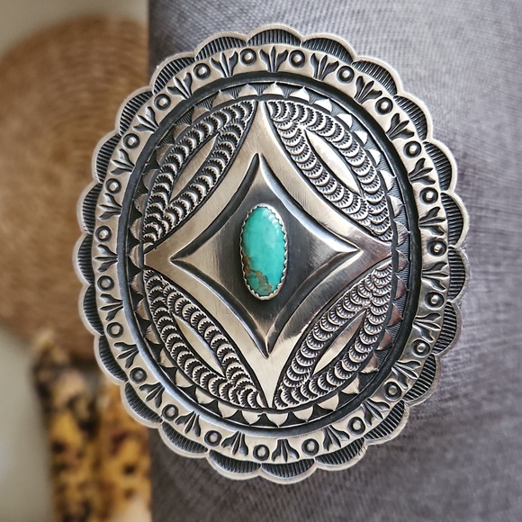 Amazing Vintage Native American Navajo Roland Dixon Concho & Turquoise Brooch 💙 - Picture 10 of 12